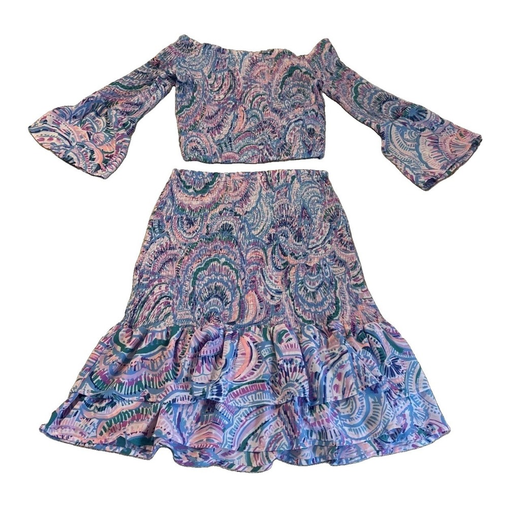 Lilly Pulitzer Soren Ruffle Happy As A Clam Print 2-PC Top Skirt Set XXS Multi